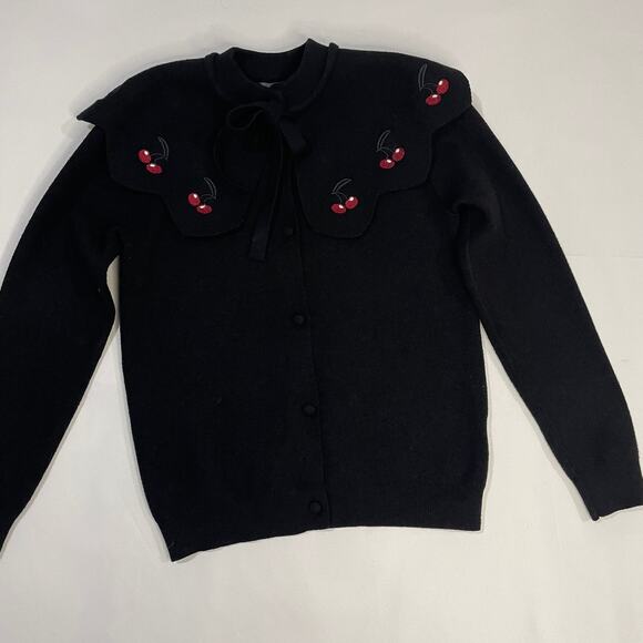 Fraze Black Cape Detailed Shoulder Sweater Cherries Tie Vintage Inspired Size 12 - Picture 3 of 16